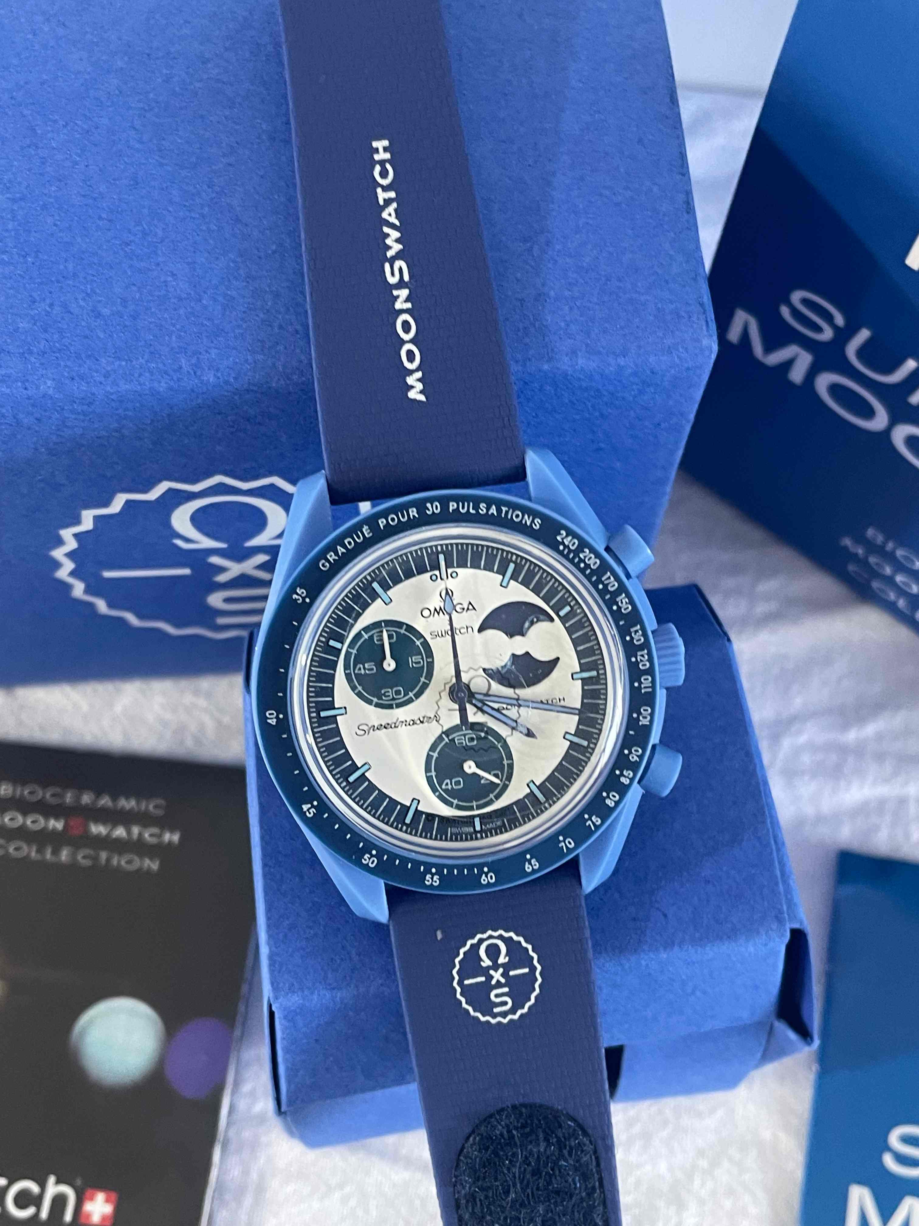 Nwt Swatch X Omega Bioceramic Moonswatch Mission To The Super Moonphase Blue